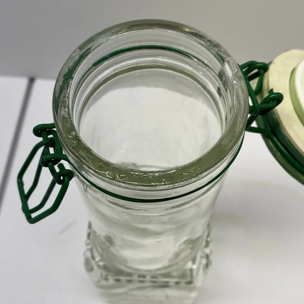 Vintage Glass Square & Round With Wire Bail @Clamp Bottle w/ Green‎ Leaf Cap